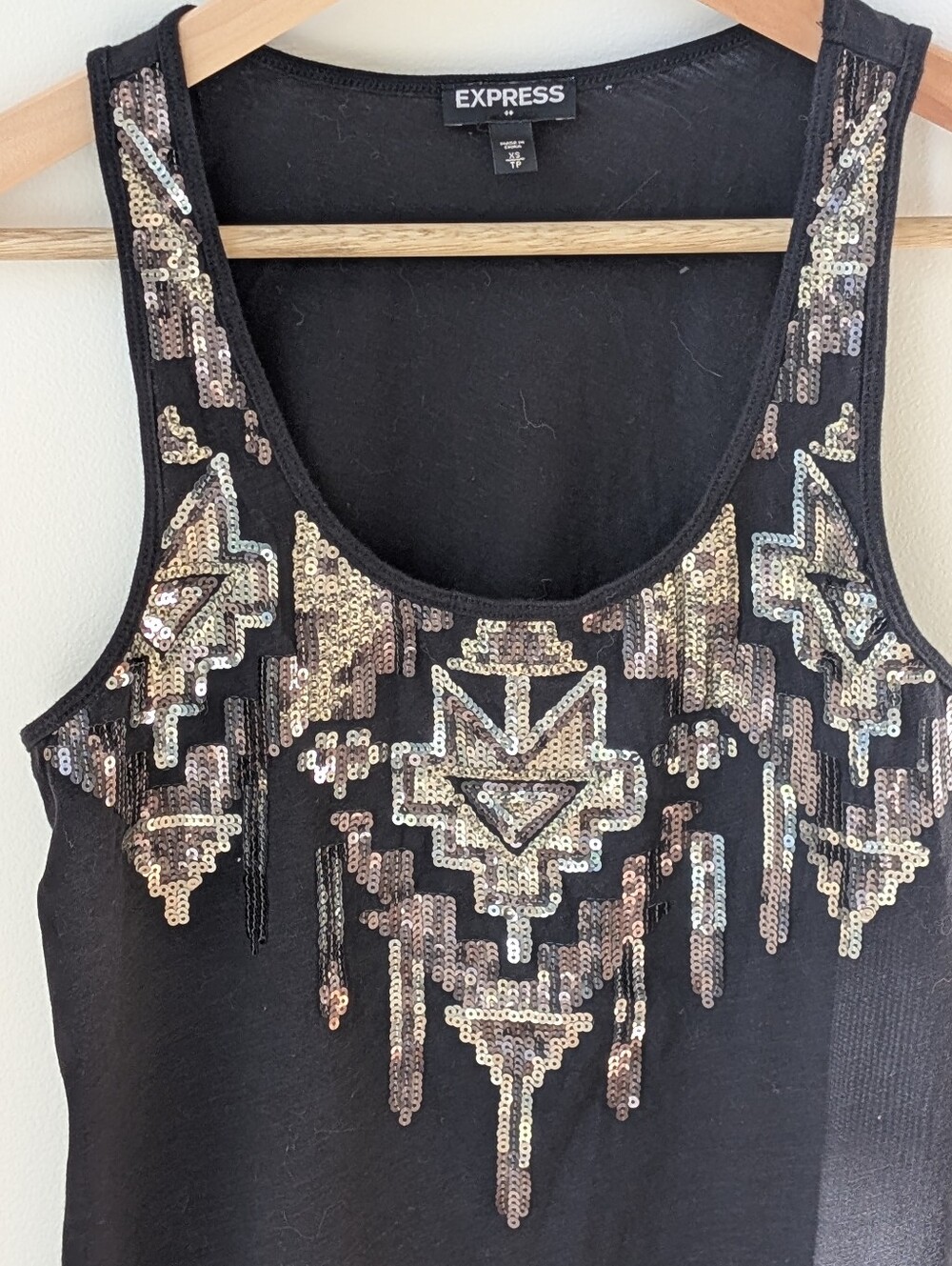 Express Black Tank Top with Iridescent Bronze & Silver Sequin Aztec Motif
